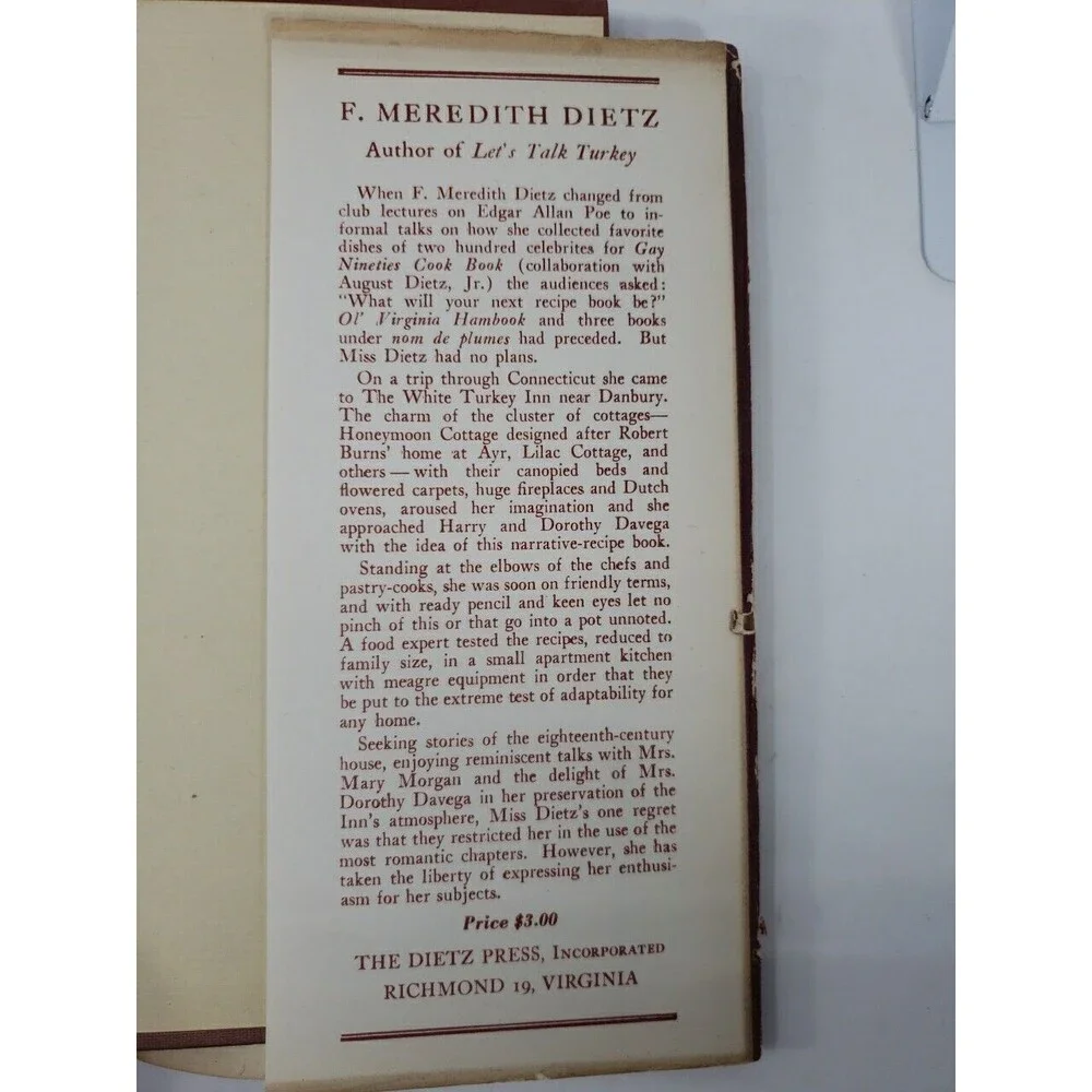 Let's Talk Turkey Recipes of the White Turkey Inn by F Meredith Dietz  1948 VTG
